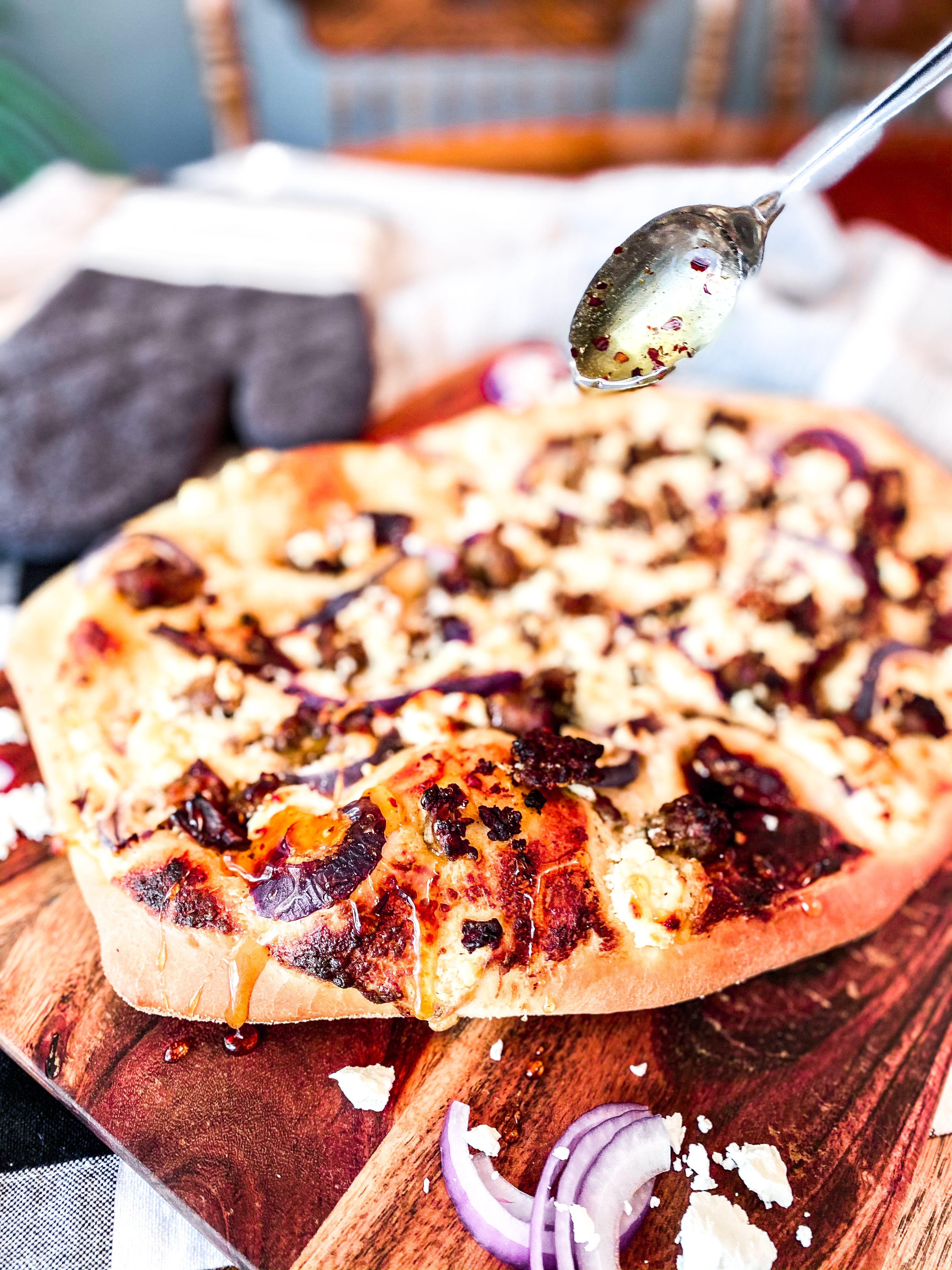 Goat Cheese and Date Pizza Drizzled With Spicy Honey